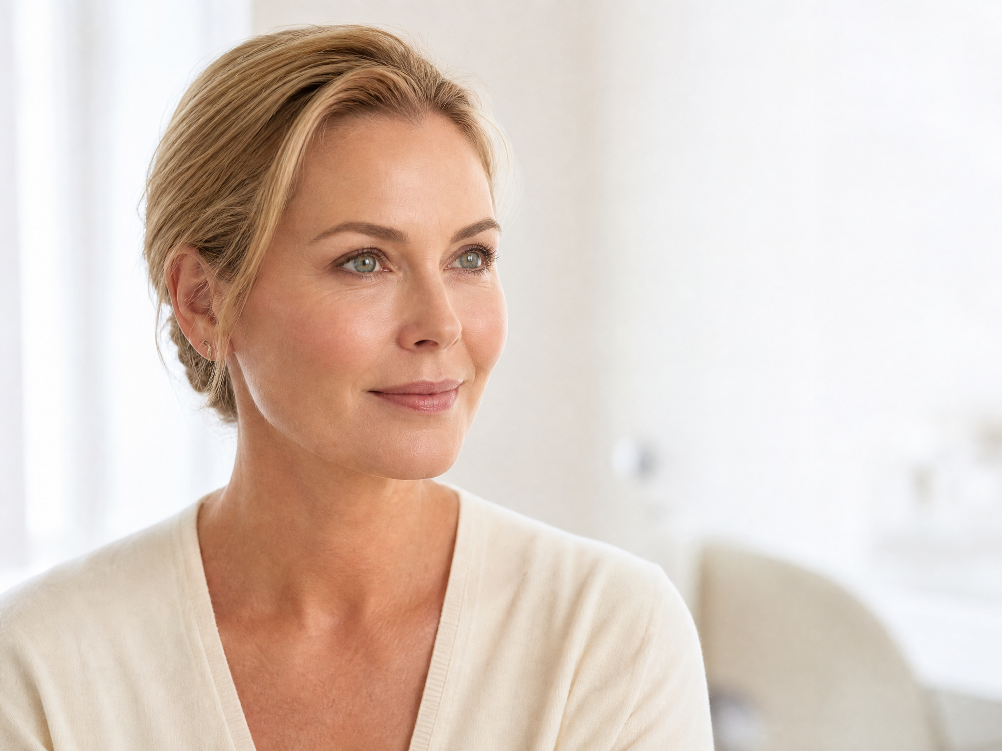 Calm portrait of a woman in her late forties — the four cornerstones of menopause aesthetics at Eudelo